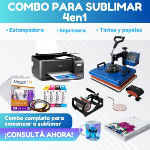 Combo TODO EN 1: Estampadora 4 en 1 de 30x38 + Impresora Epson + Tintas + Papel + Cinta Térmica
